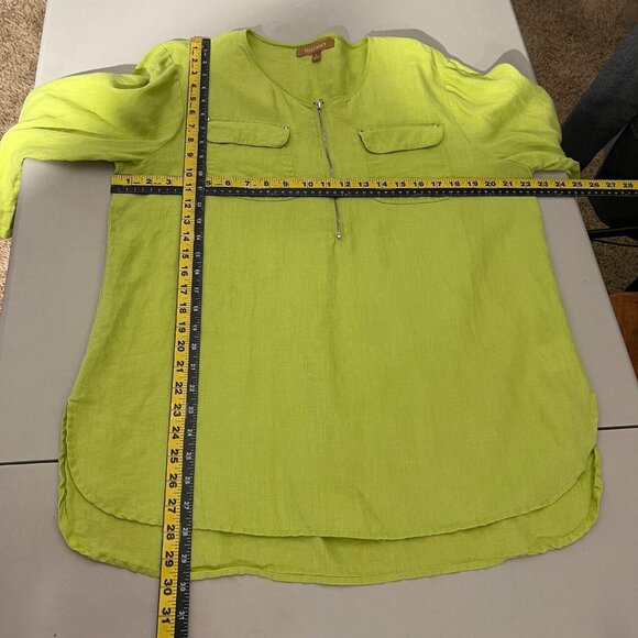 Ellen Tracy Top Womens Large Green 100% Linen 3/4 Roll Tab Short Sleeve Shirt L - Picture 2 of 11